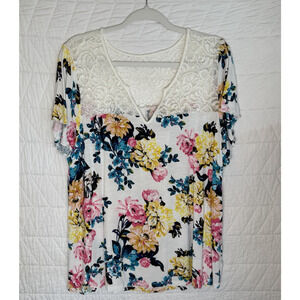 Super Soft by Torrid Knit Shirt cream pink yellow s2X Lace Short Sleeve Floral
